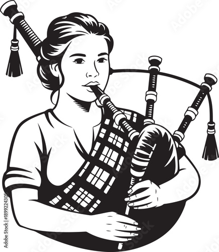 Female musician playing bagpipes black and white vector illustration for music design