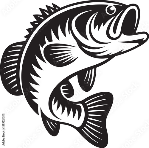 A bass fish jumping in water black and white vector illustration for fishing design