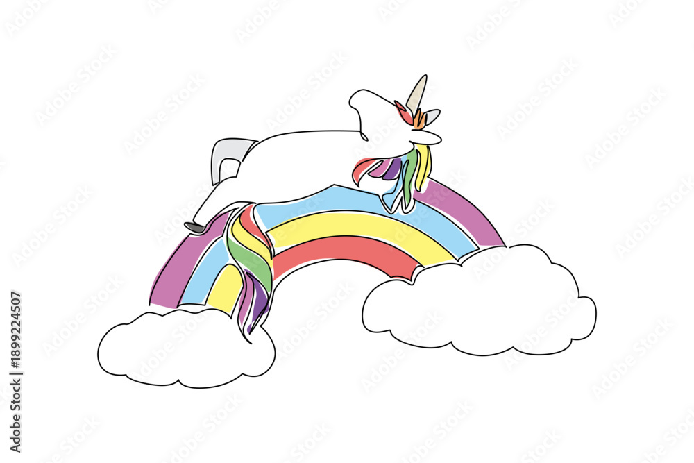 Obraz premium One line draw of cute majestic unicorn sleeping on back on rainbow with soft pastel fills, flowing mane and horn for magical feel. Perfect for princess fantasy themes, birthday cards, and nursery art