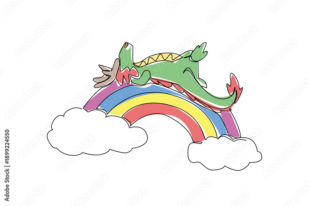 Fototapeta premium Continuous line drawing of cute baby dragon sleeping supine on rainbow bridge, with tiny spikes and curled tail. Clean minimalist for fantasy nursery wall art, sticker pack, and kids bedtime poster