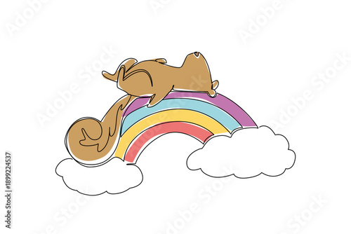 Single line draw of squirrel taking supine nap belly up on a rainbow, with oversized fluffy tail hanging down the arc. Simple illustration for autumn themed greeting cards, planners, and eco packaging