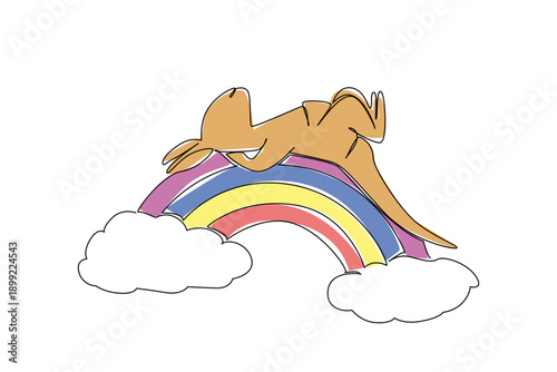 Continuous line draw of kangaroo sprawled supine on top of rainbow, with long tail stretching along curve. Minimal outline perfect for travel themed stickers, Australia souvenirs, and kids room print