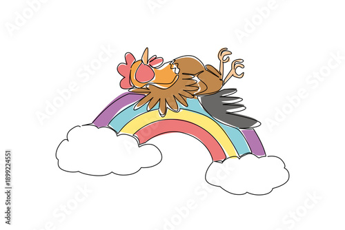 Single line drawing rooster sleeping supine on rainbow with comb and tail feathers clearly shaped, giving a humorous farm bedtime vibe. Great for farmhouse kitchen prints and children farm book