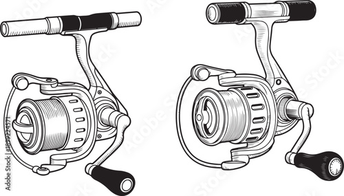 Fishing reel detailed line art illustrations in black and white