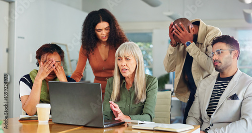 Stress, manager and people with laptop in creative agency, meeting or launch failure for campaign. Disappointed, upset or marketing team with pc for project update, branding mistake or idea rejection