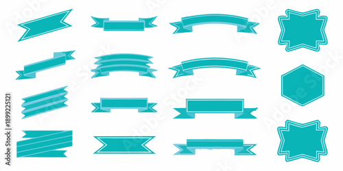 Collection of teal ribbons and banners in various shapes and styles
