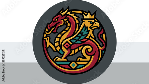 Heraldic Dragon and Griffin Intertwined Emblem Vector Illustration