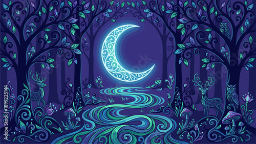 Enchanted Night Forest Illustration with Glowing Crescent Moon and Mystical River