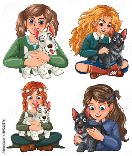Set of Cartoon Girls Holding and Petting Small Terrier Dogs