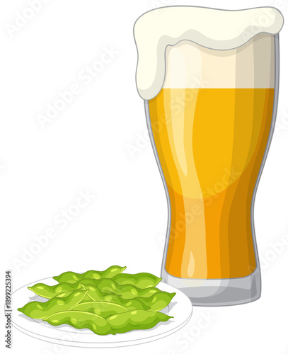 Vector Illustration of a Cold Beer Glass and Edamame Plate