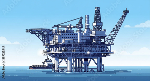 Offshore oil rig platform in the ocean with a supply ship.