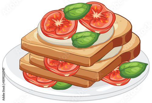 Vector Illustration of Toasted Caprese Sandwich with Tomato and Basil