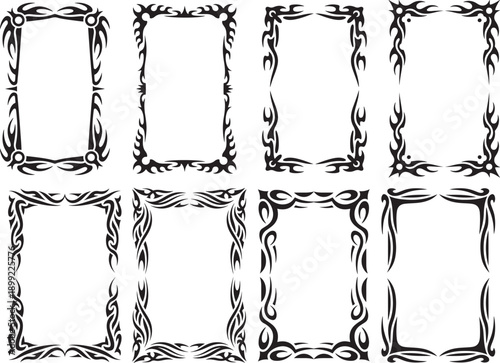 Set of eight decorative frames with a tribal design, black on transparent background