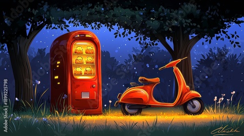 Retro Orange Scooter and Glowing Vending Machine in Enchanted Night Forest Illustration