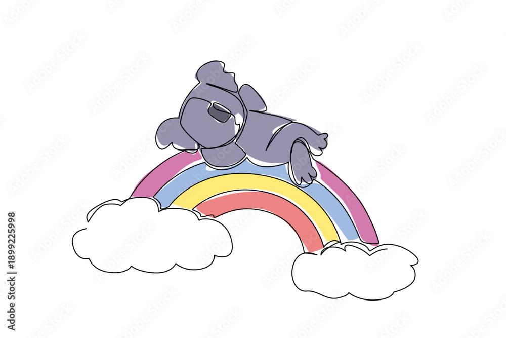 Fototapeta premium Continuous line drawing of playful adorable koala animal sleeping supine on rainbow with white soft fluffy clouds, nature concept. International Day of Happiness theme, cute nursery art illustration