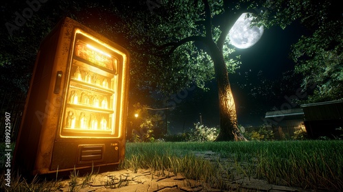 Luminous Vending Machine in Eerie Night Forest with Full Moon