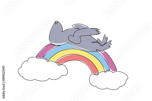 One line drawing of sleek, cute grey sea lion peacefully drifts in a supine sleep. It rests upon a vibrant, colorful rainbow arc stretches across tranquil, azure sky, evoking calm of deep ocean dreams