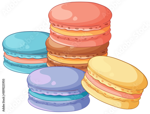 Colorful Stacked French Macarons Vector Illustration on White Background