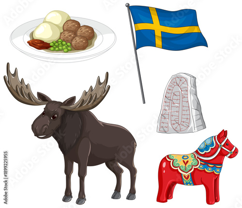 Swedish Cultural Symbols and Traditional Food Vector Illustration Set