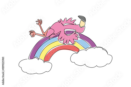 Single line draw of vibrant pink flamingo, with its long, slender legs and delicate feathers, gracefully drapes itself in supine sleep. It finds rainbow arch floats amidst fluffy, sun kissed clouds