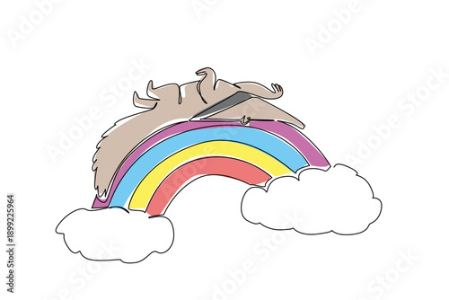 One line drawing of shaggy furred anteater, with long snout tucked, lies in supine position. Enjoying deep slumber on colorful rainbow bridge that arches over a sea of soft, white cotton clouds