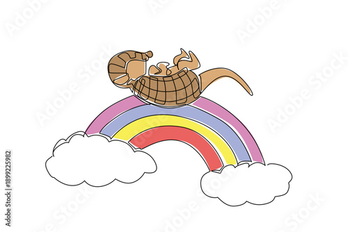 Single line draw of strong armadillo, its distinctive armored shell tucked into a supine position, happily napping on vivid rainbow arc. Tail curls gently, adding to serene above soft, dreamy clouds
