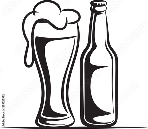 Beer bottle and glass with overflowing foam, isolated on checkered background, concept for refreshment