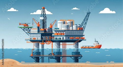 Offshore oil rig platform in the ocean with a support vessel nearby.