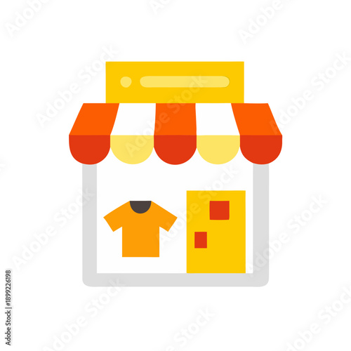 A vibrant storefront displaying a t-shirt and a colorful poster. Vector