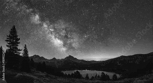 A serene landscape of mountains and lake under a starry night sky with trees silhouetted against the Milky Way
