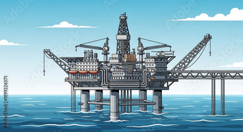 Offshore oil rig platform in the ocean under a cloudy sky.