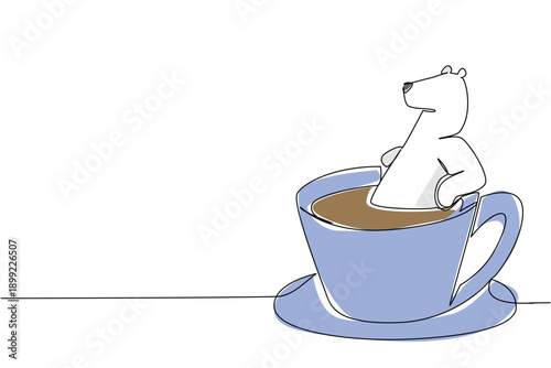 Single line drawing of white polar bear for nature concept features a animal soaking in coffee cup. Colorful art represents an international polar bear day theme and resto log with a playful mammal