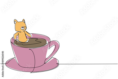 One line drawing of Adorable calico cat features pet animal soaking in a coffee cup for nature concept. Colorful art is ideal for an international kitten day theme and playful home cafe decor