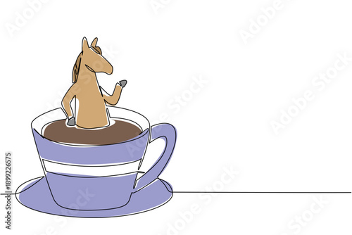 Continuous line drawing of brown horse for nature concept features cute animal soaking in coffee cup. Colorful art represents an international equestrian day theme with playful pony and nursery print