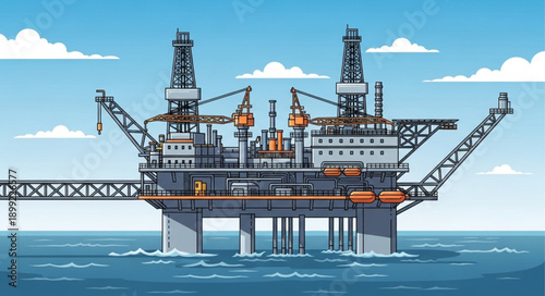 Offshore oil rig platform in the ocean under a cloudy sky.