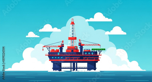 Offshore oil rig platform in the ocean under a cloudy sky.