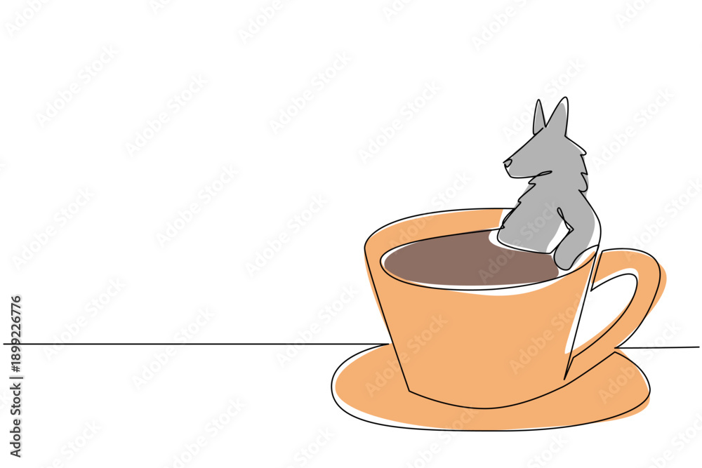 Fototapeta premium Single line drawing of adorable wolf for nature concept features cute animal soaking in coffee cup. Colorful graphic celebrates an international cafe day theme with the grey forest beast