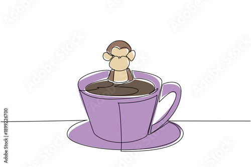 One line drawing of colorful monkey depicts cute animal soaking in coffee cup for nature concept. Brown playful primate design celebrates an international cafe day theme in whimsical art style