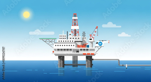 Offshore oil rig platform in the ocean under a sunny sky.