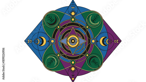 Mystical Sacred Geometry Emblem with Celestial Moons and Botanical Elements. Esoteric Spiritual Design.