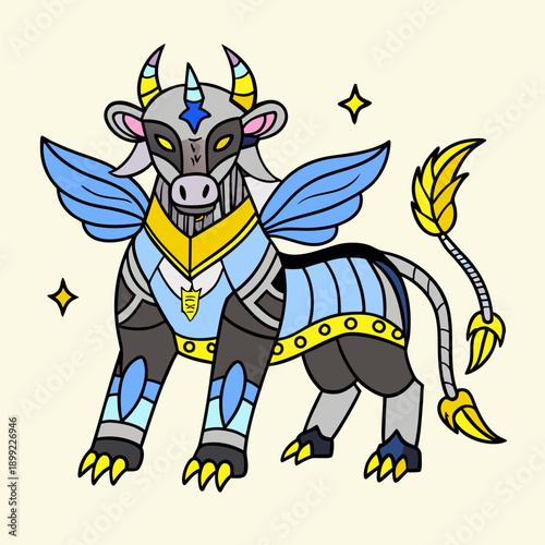 A majestic blue and gold fantasy creature with intricate details and a regal stance Vector