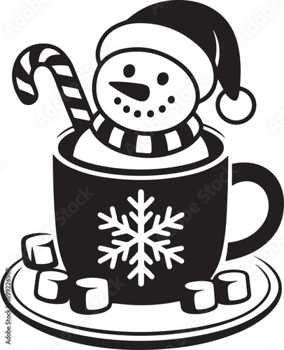 Snowman in mug with candy cane and marshmallows cozy winter drink holiday character vector