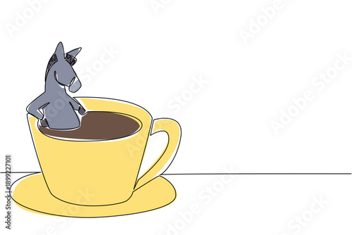 Single line drawing of adorable donkey for nature concept features cute animal soaking in warm coffee cup. Colorful graphic celebrates an international cafe day theme with the grey farm animal