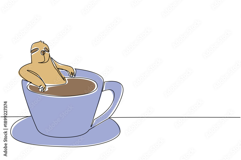 Fototapeta premium One line drawing of playful adorable sloth features the slow animal soaking in warm coffee cup for nature concept. Colorful art is ideal for an international coffee day theme and kids bedroom decor