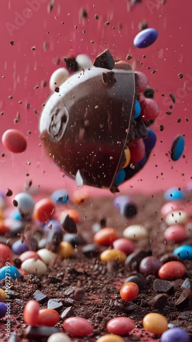 Colorful candies cascade into a broken chocolate shell amidst a flurry of crumbs