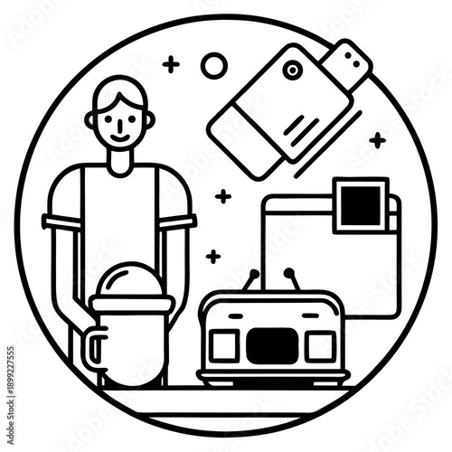 A person using a toilet with various cleaning supplies around them Vector