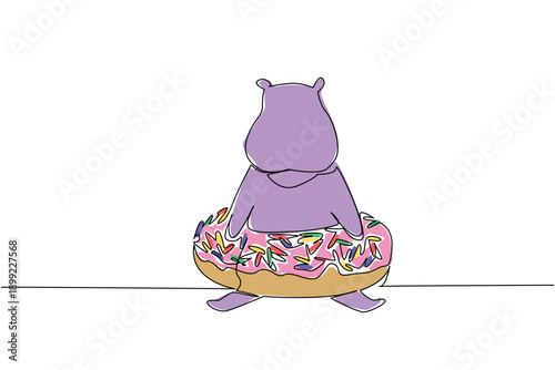 One line drawing of adorable giant purple hippopotamus features wild river animal sitting inside sweet donut for pastry concept. Colorful art is ideal for an international food day theme and decor