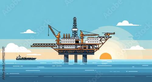 Offshore oil rig platform in the ocean with a supply boat.