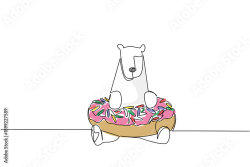One line drawing of adorable white polar bear for fancy dessert concept features cute animal lying inside sweet donut. Colorful art represents international food day theme with a cute playful mammal