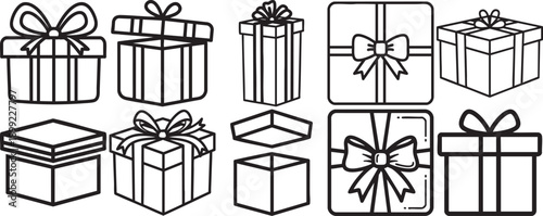 Collection of various line art gift boxes with bows, simple festive icons isolated on white background Vector illustration.